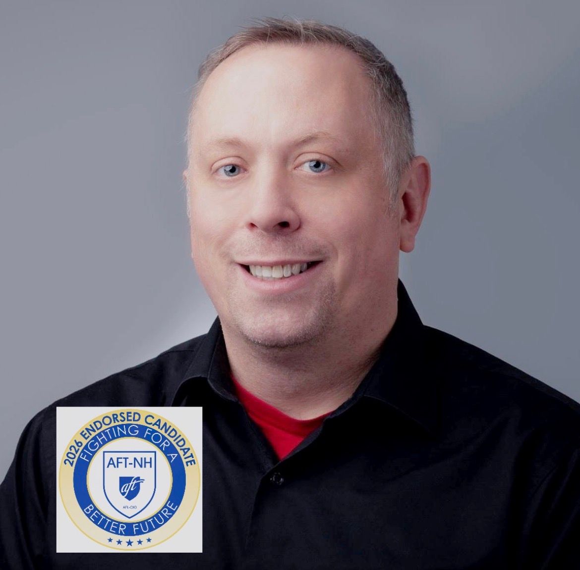 AFT-NH 2026 Endorsed Candidate seal on a photo of Justin McIsaac